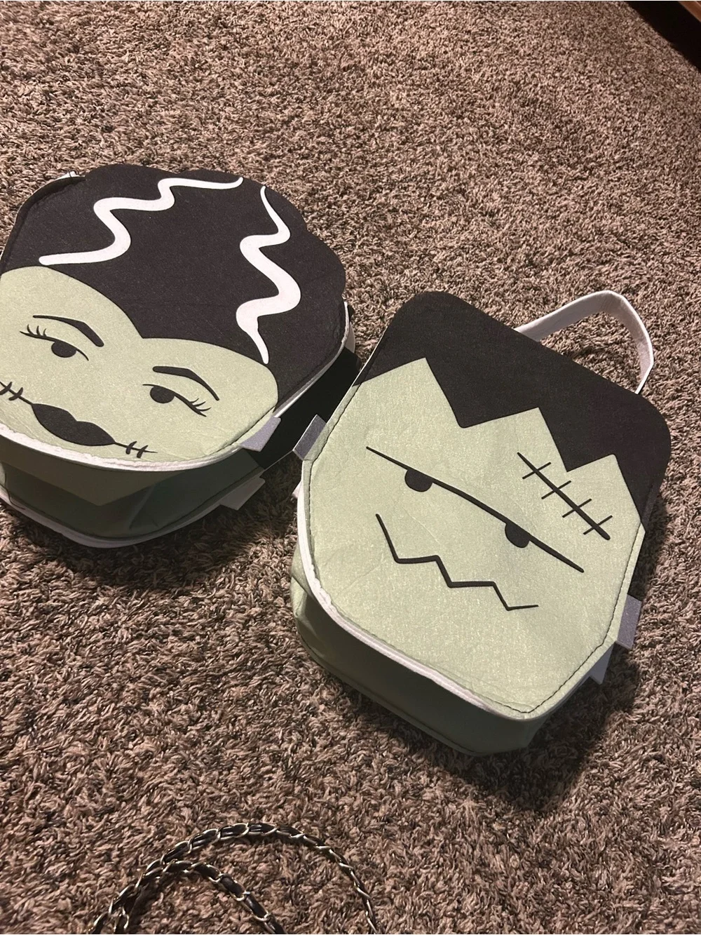 Green Frankenstein & Bride Character Tote Bag Duo - Cute Halloween Set